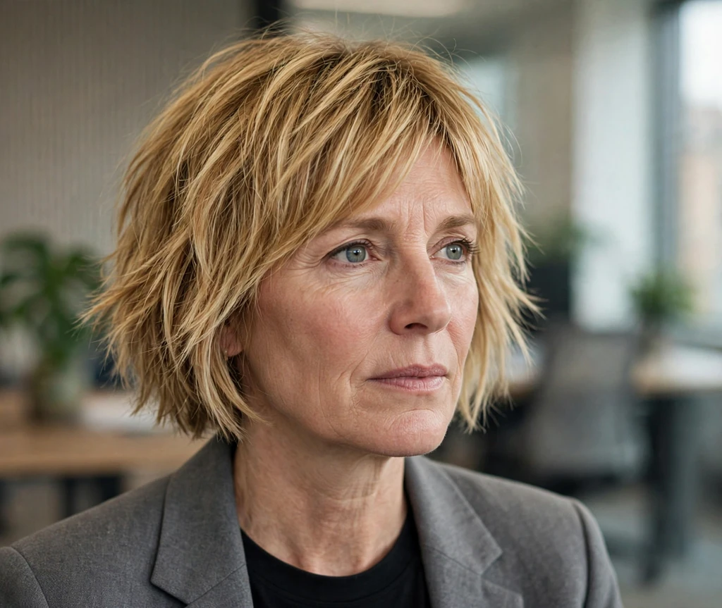 White woman in her late 40s with a short shaggy bob haircut, golden blonde choppy layers, wearing a gray blazer in an office