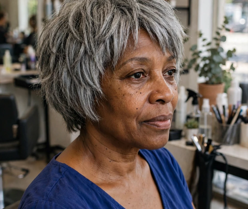 Black woman in her early 50s with a short shaggy bob haircut, silver-gray choppy layers, wearing a royal blue dress in a salon