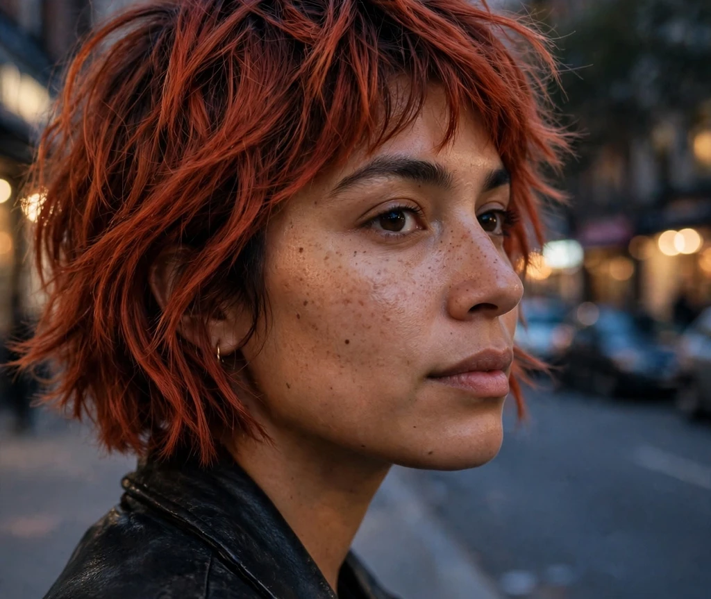 Latina woman in her late 20s with a short shaggy bob haircut, copper red textured layers, wearing a black leather jacket on a city street at dusk