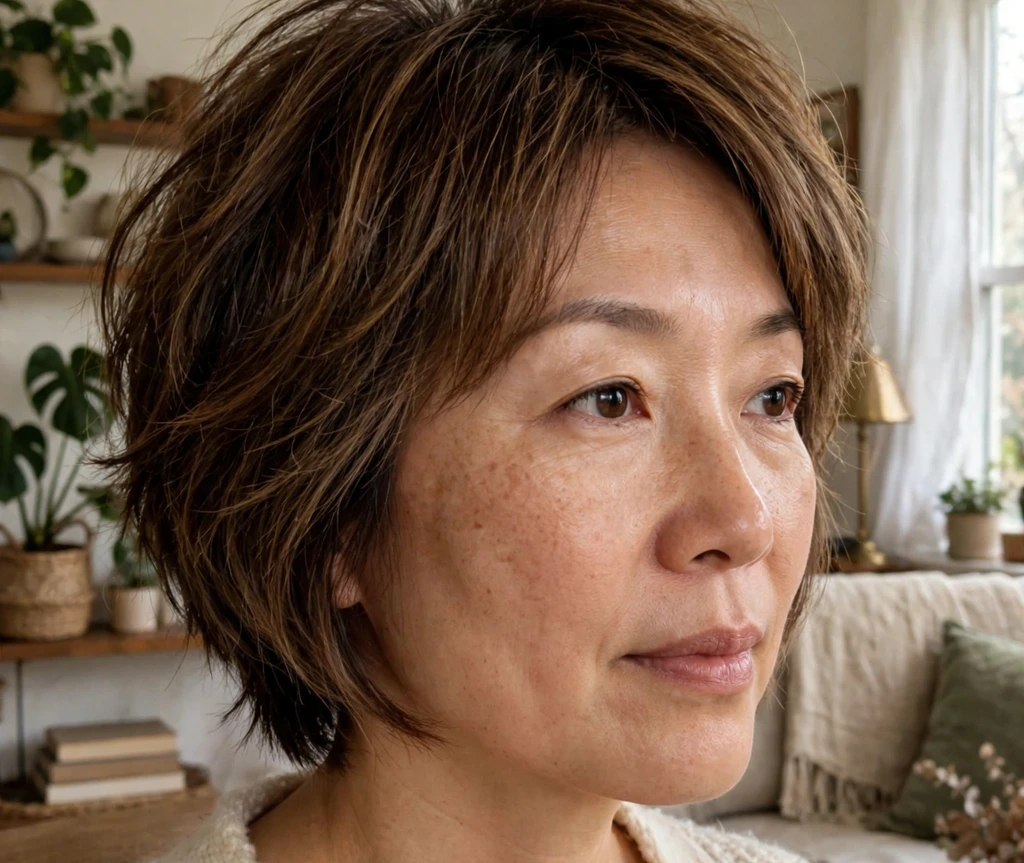 East Asian woman in her early 40s with a short shaggy bob haircut, brown balayage textured layers, wearing a cream cardigan at home