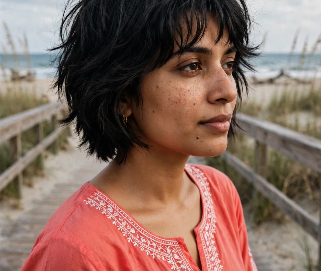 South Asian woman in her late 20s with a short shaggy bob haircut, black textured layers with wispy bangs, wearing a coral kurti on a beach boardwalk