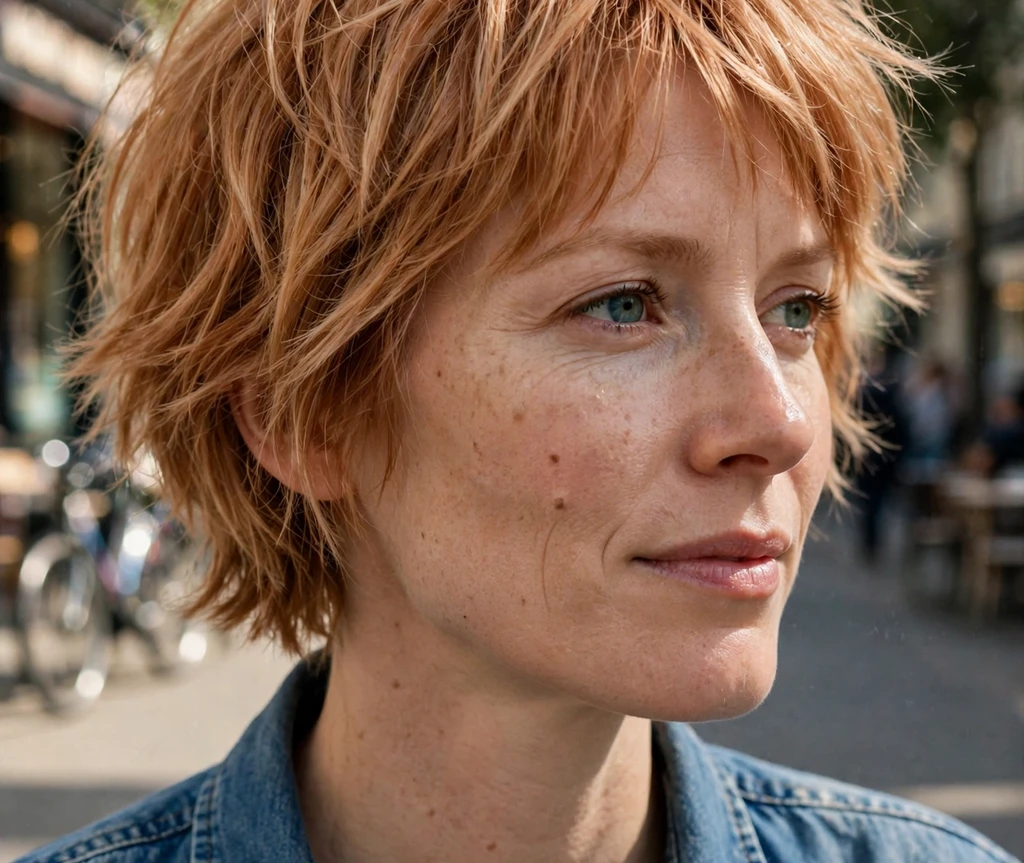 White woman in her early 30s with a short shaggy bob haircut, strawberry blonde choppy layers, wearing a denim shirt on a sunny street