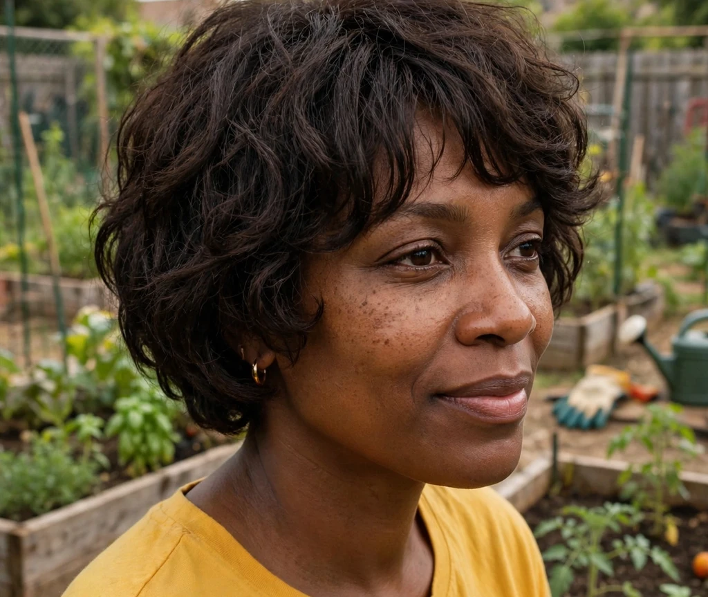 Black woman in her late 30s with a short shaggy bob haircut, dark brown curly-textured layers, wearing a mustard top in a community garden