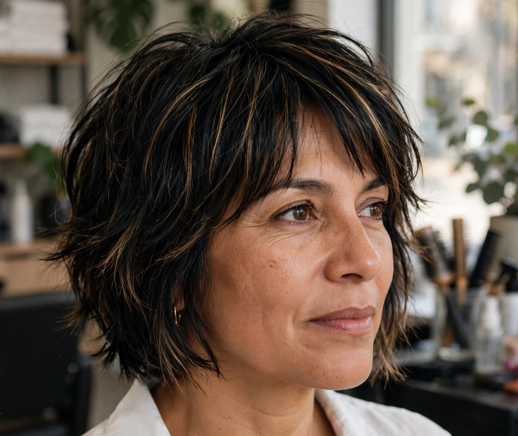 Latina woman in her late 40s with a short shaggy bob haircut, black textured layers with caramel highlights, wearing a white blouse in a salon