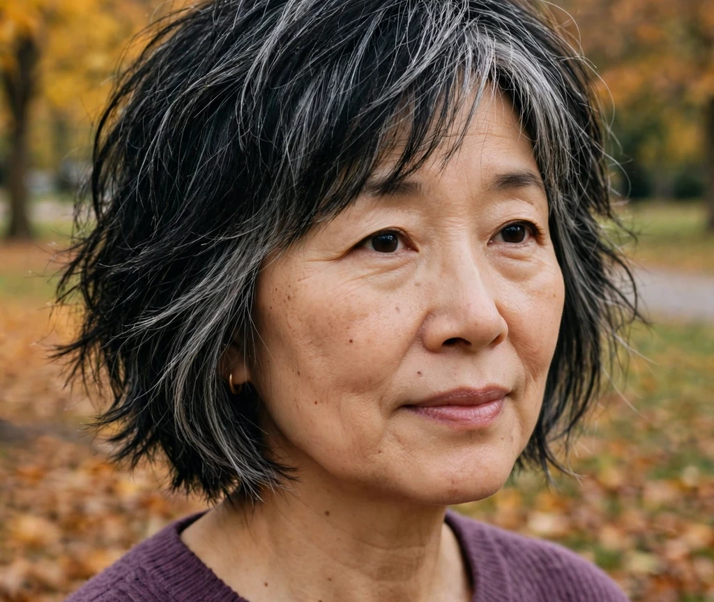 East Asian woman in her early 50s with a short shaggy bob haircut, black textured layers with silver streaks, wearing a plum sweater in an autumn park