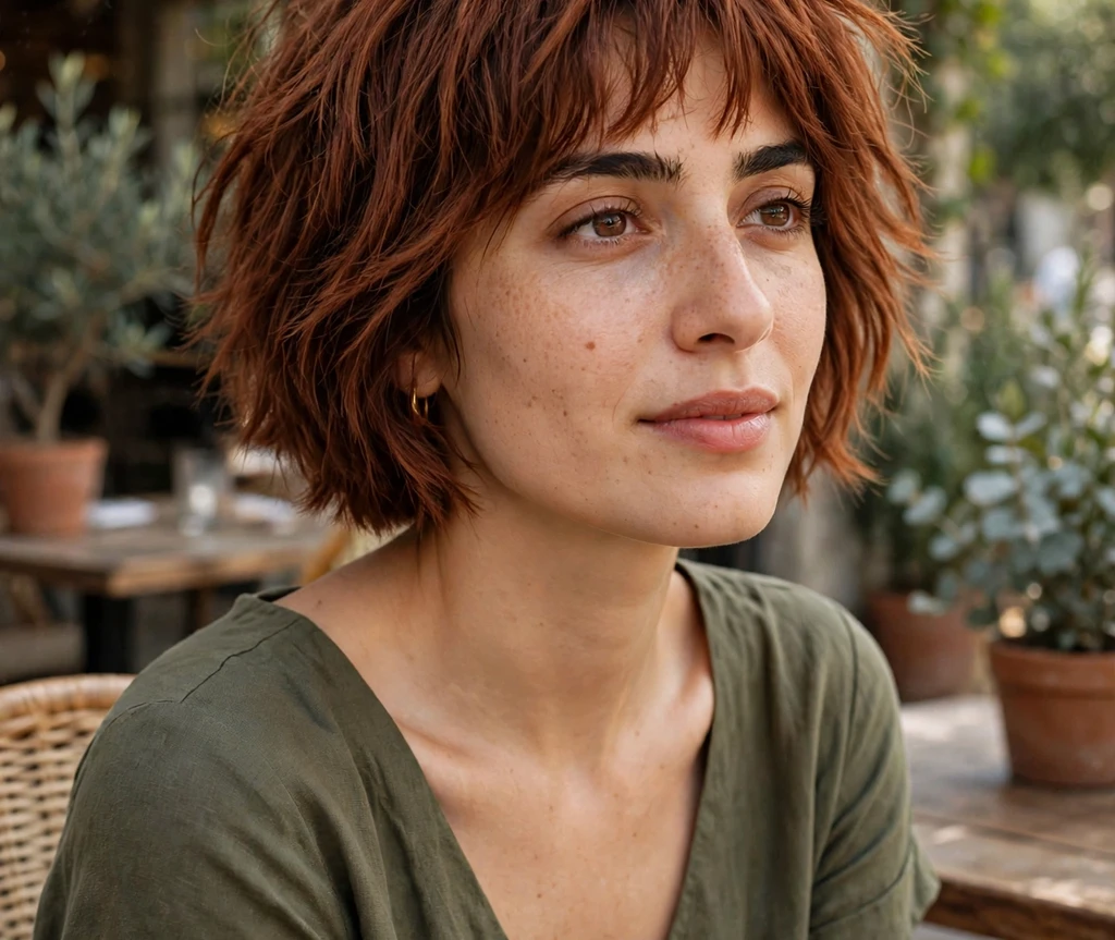 Middle Eastern woman in her late 20s with a short shaggy bob haircut, auburn textured layers, wearing an olive green dress on a cafe patio