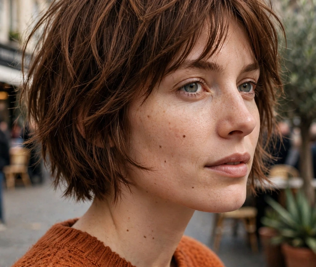 White woman in her late 20s with a short shaggy bob haircut, chestnut brown textured layers, wearing a rust-orange sweater in a city plaza