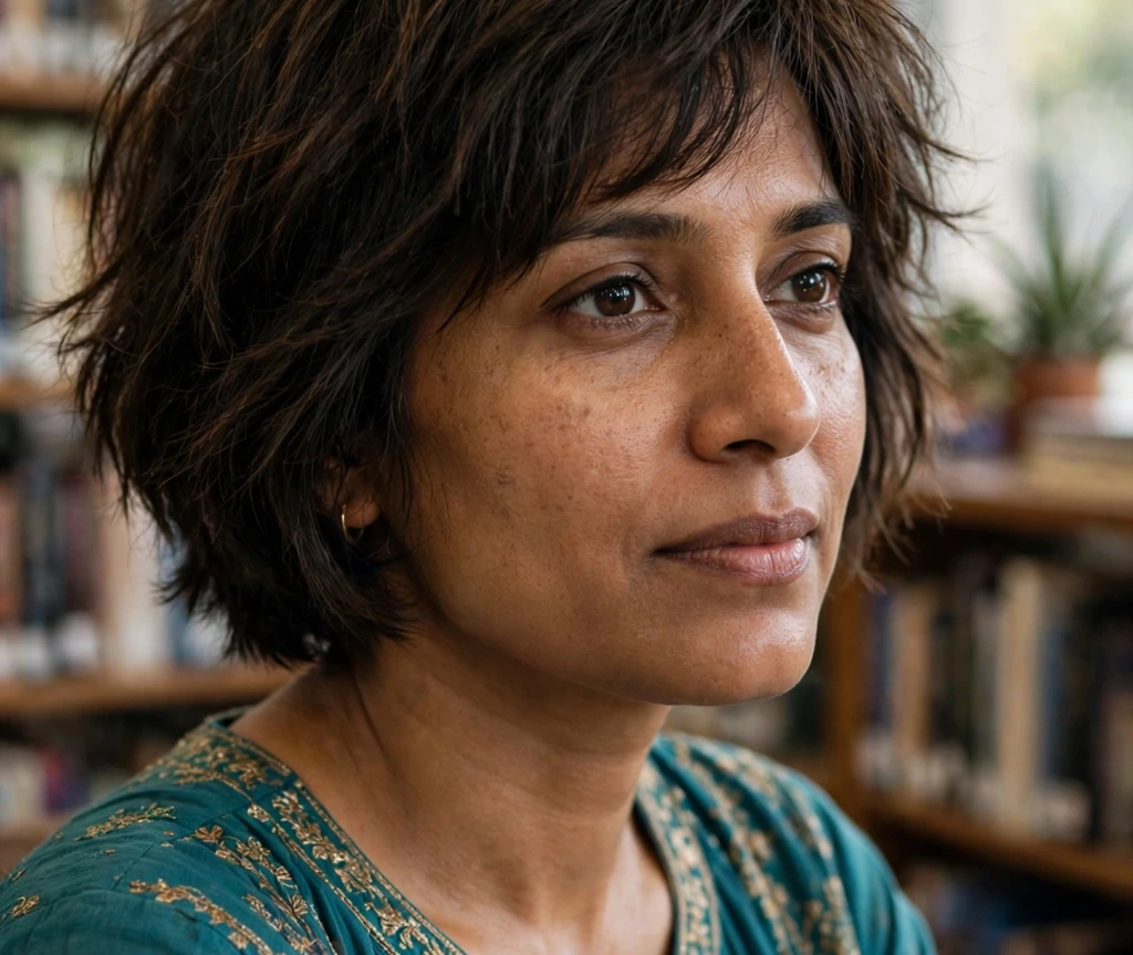 South Asian woman in her late 30s with a short shaggy bob haircut, espresso brown textured layers, wearing a teal anarkali in a library