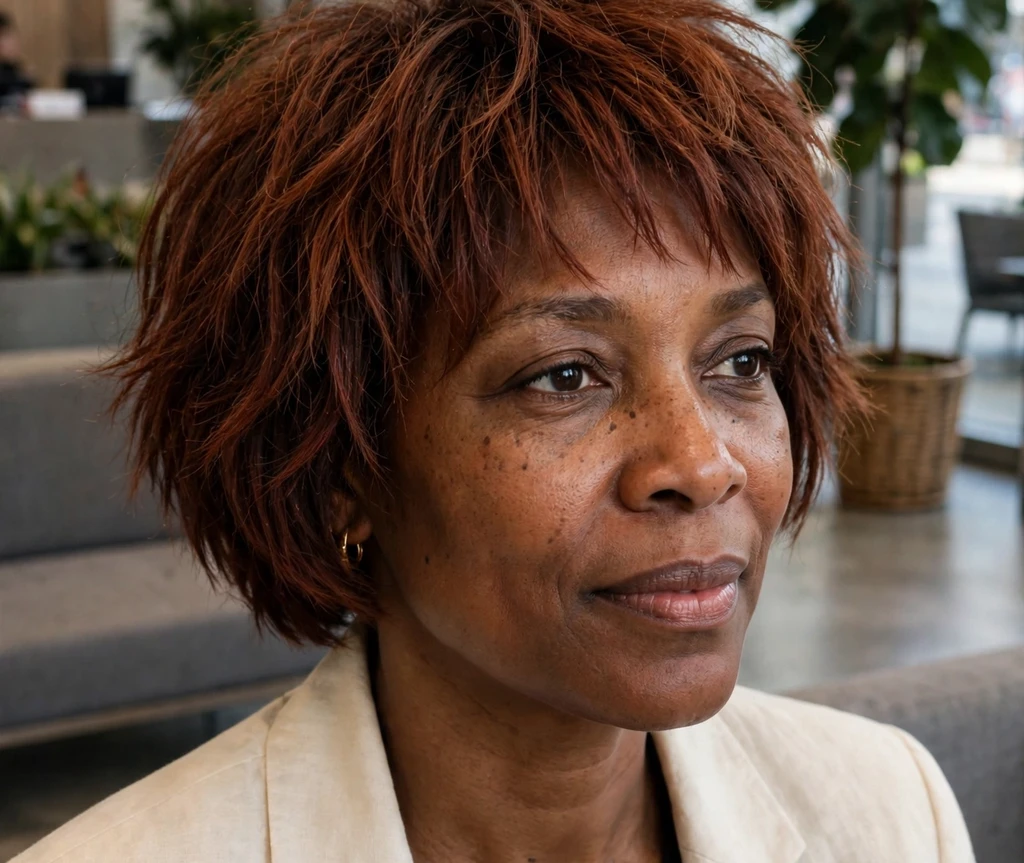 Black woman in her mid 40s with a short shaggy bob haircut, reddish-brown textured layers, wearing a cream blazer in an office lobby
