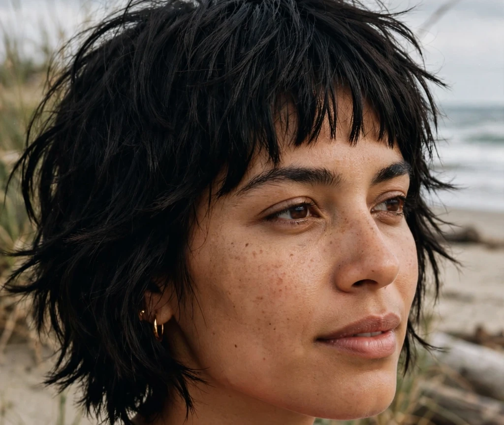 Latina woman in her late 20s with a short shaggy bob haircut, jet black textured layers with blunt fringe, wearing a pink top on a beach
