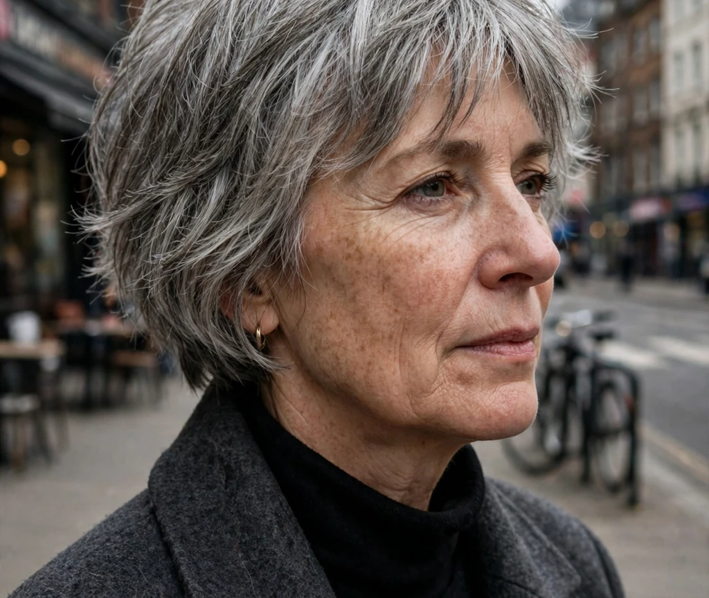 White woman in her early 50s with a short shaggy bob haircut, silver textured layers, wearing a charcoal coat on an urban street