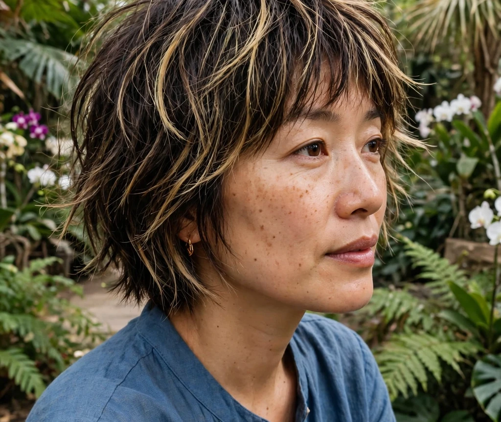 East Asian woman in her mid 30s with a short shaggy bob haircut, dark brown textured layers with honey highlights, wearing a blue dress in a botanical garden