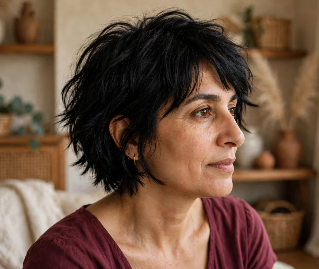 Middle Eastern woman in her early 40s with a short shaggy bob haircut, jet black textured layers, wearing a maroon dress at home