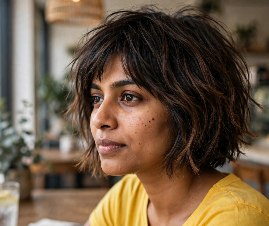 South Asian woman in her late 20s with a short shaggy bob haircut, dark brown ombre textured layers, wearing a yellow top in a cafe