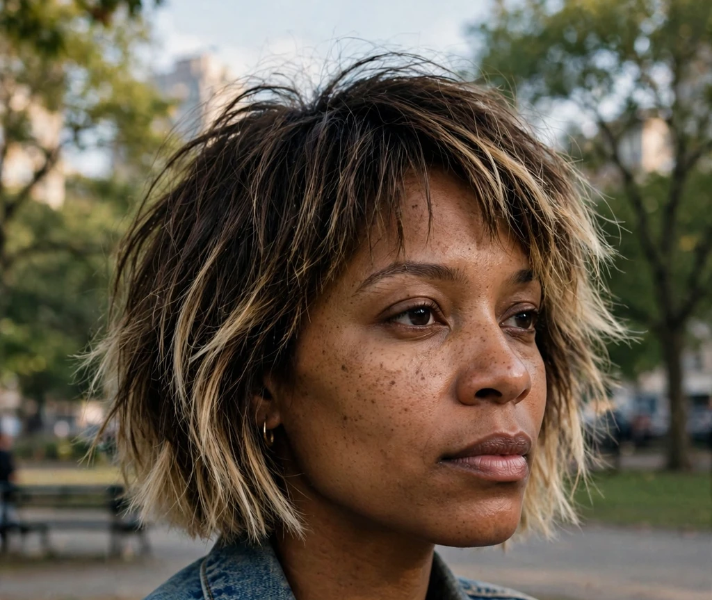Black woman in her early 30s with a short shaggy bob haircut, dark brown textured layers with blonde tips, wearing a denim jacket in a park