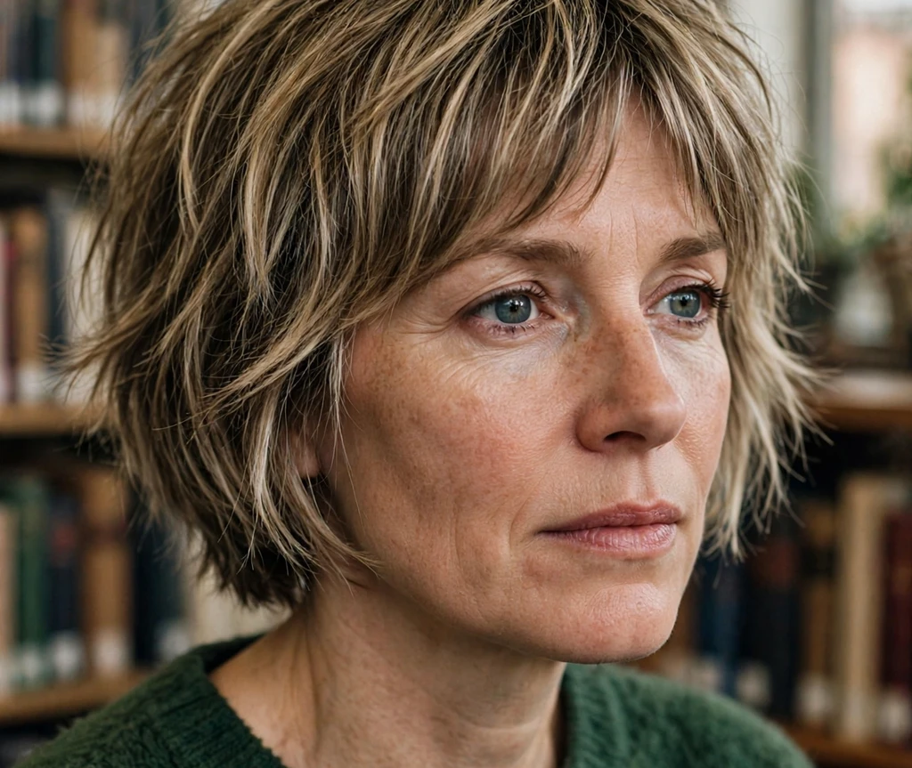 White woman in her late 30s with a short shaggy bob haircut, dark blonde textured layers, wearing a forest green sweater in a library