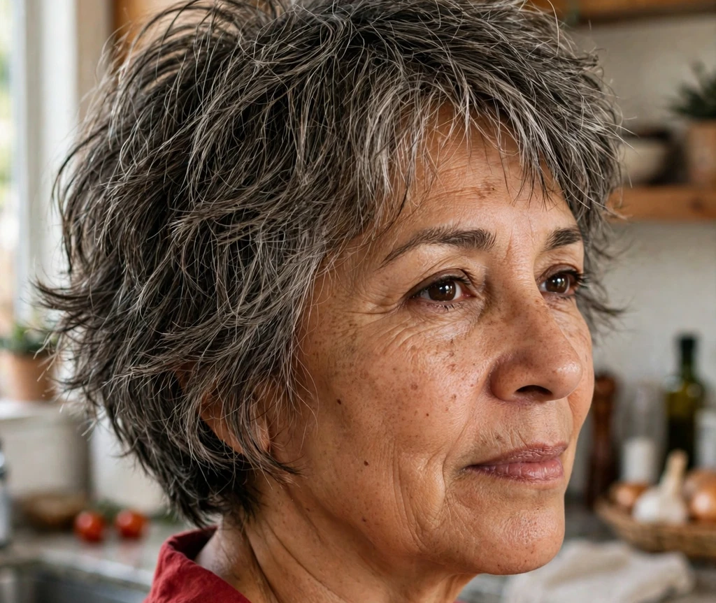 Latina woman in her early 50s with a short shaggy bob haircut, salt-and-pepper textured layers, wearing a red blouse in a home kitchen