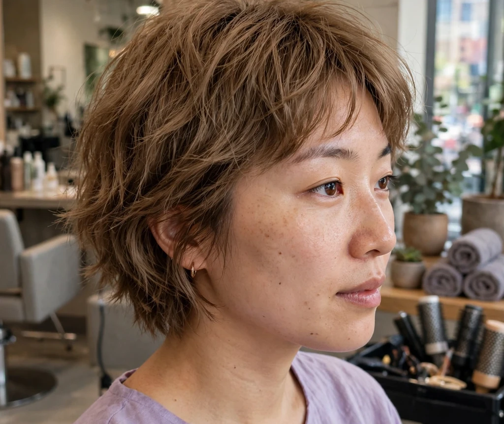 East Asian woman in her late 20s with a short shaggy bob haircut, light brown textured layers, wearing a lavender top in a salon