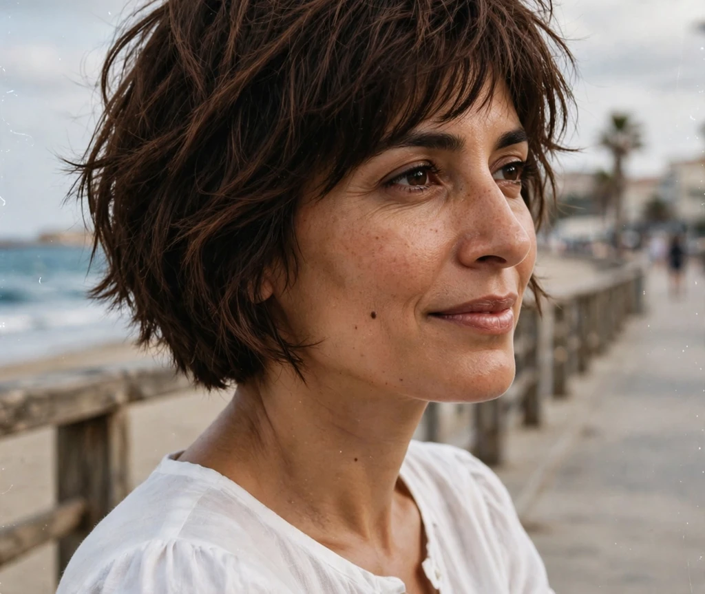 Middle Eastern woman in her late 30s with a short shaggy bob haircut, chocolate brown textured layers, wearing a white dress on a beach promenade