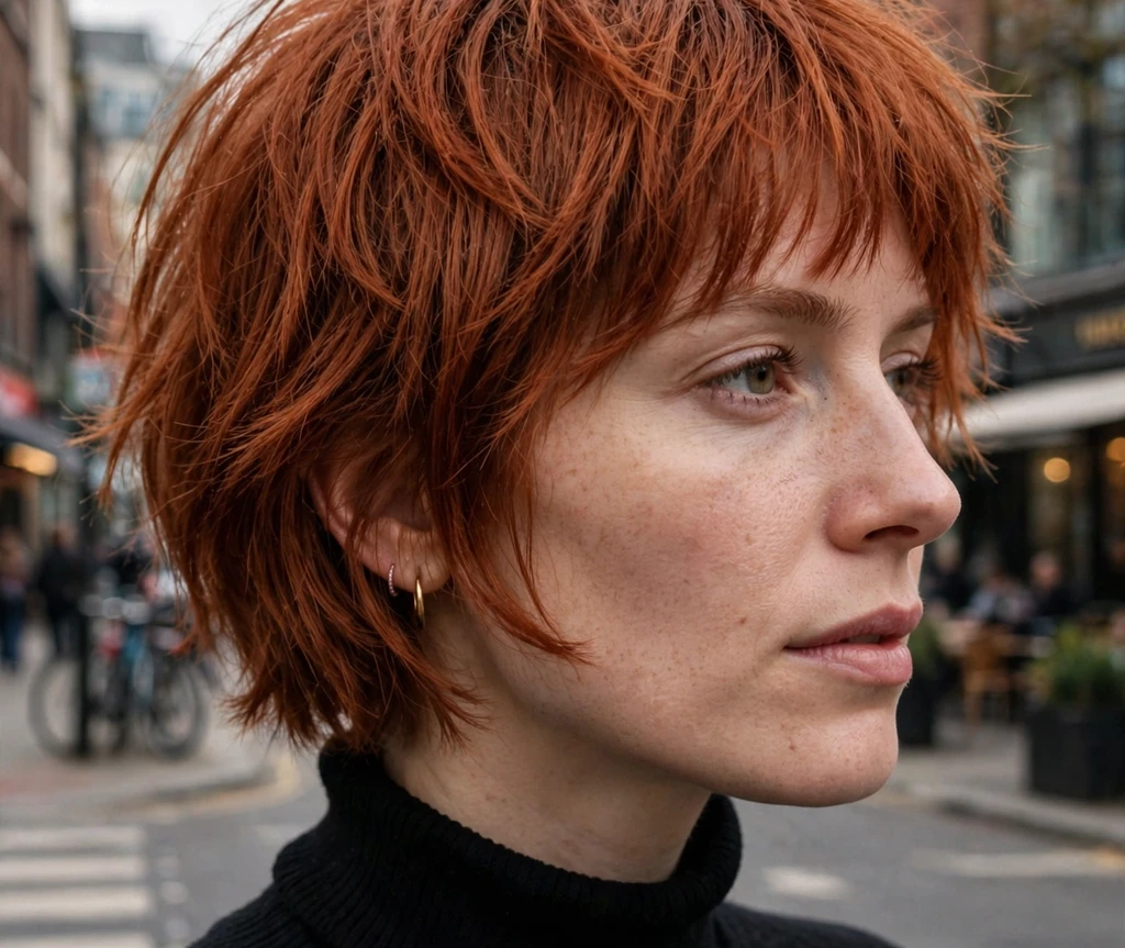 White woman in her late 20s with a short shaggy bob haircut, copper red textured layers with choppy fringe, wearing a black turtleneck on a city street