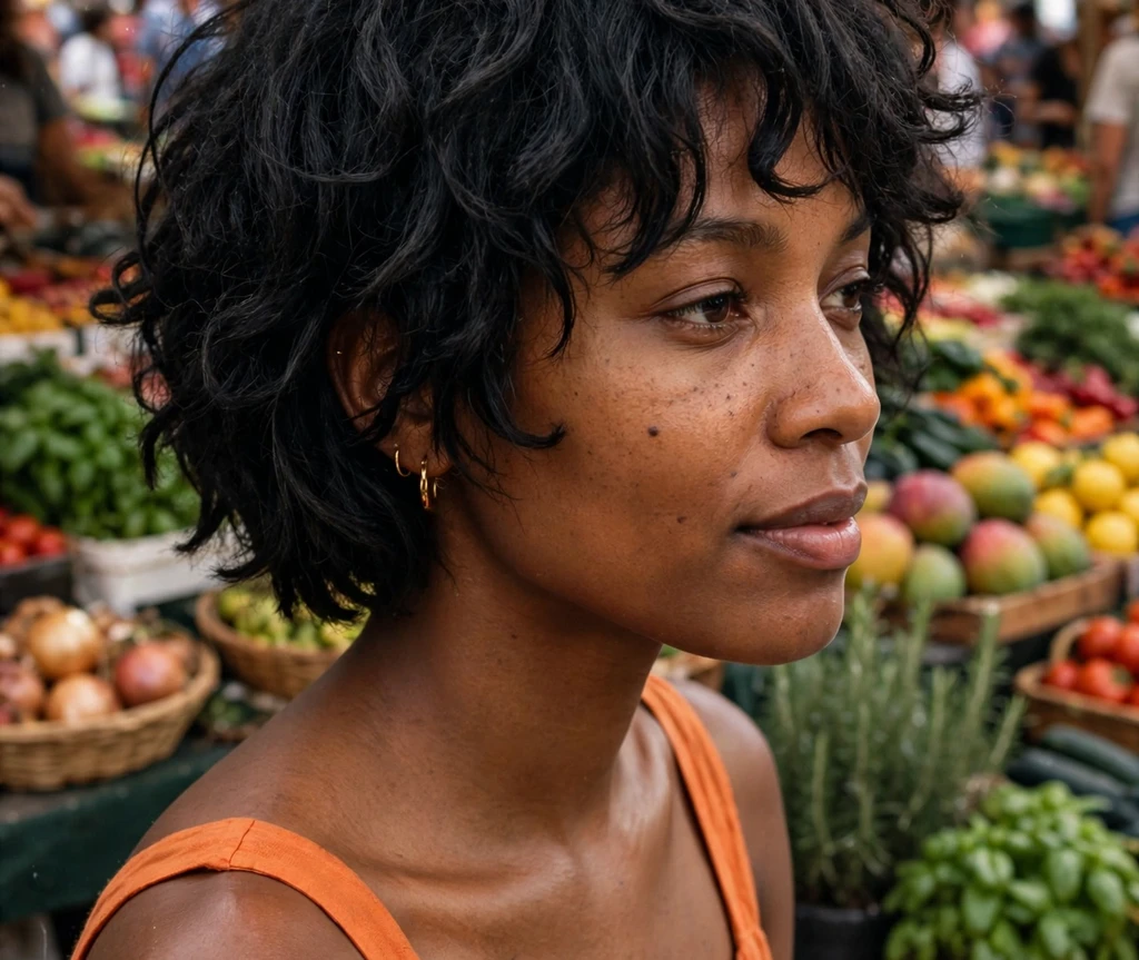 Black woman in her late 20s with a short shaggy bob haircut, natural black coily textured layers, wearing an orange dress at a street market