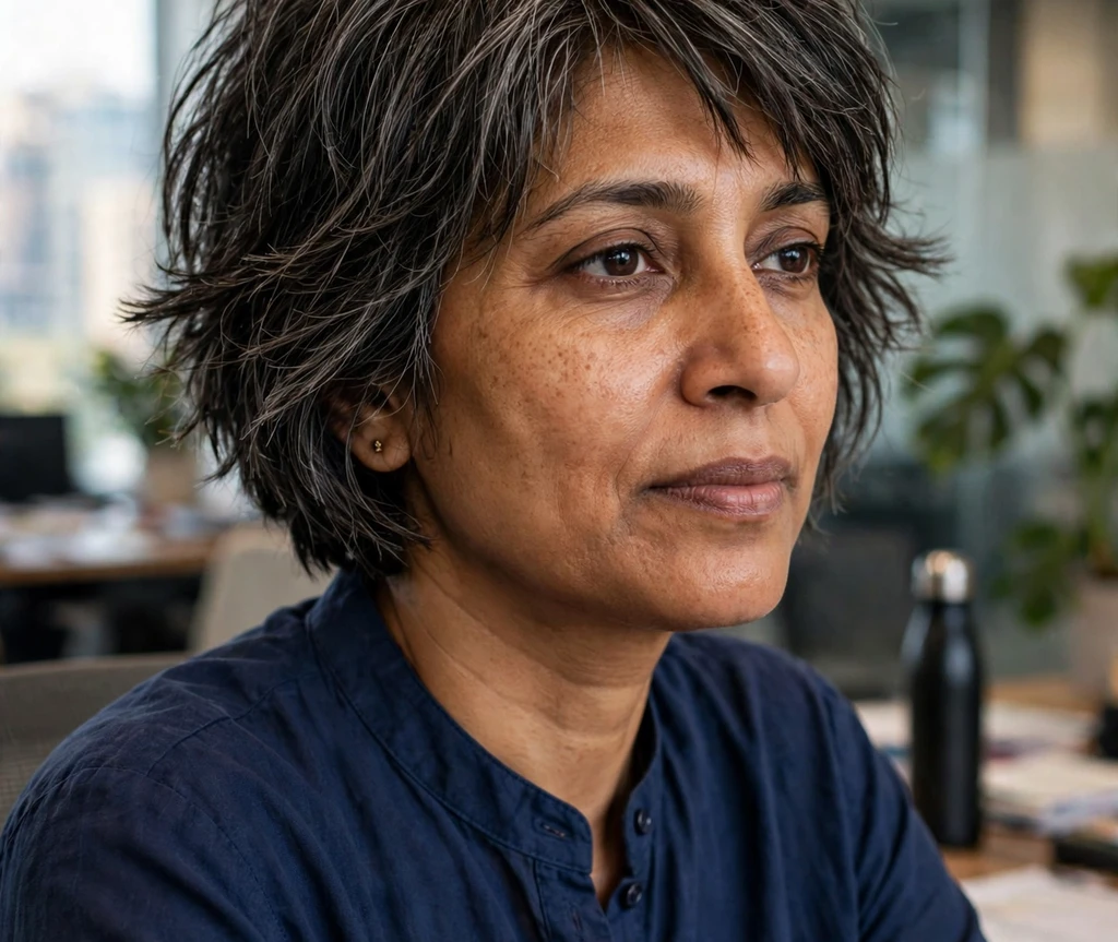 South Asian woman in her late 40s with a short shaggy bob haircut, gray-streaked dark brown textured layers, wearing a navy kurta in an office