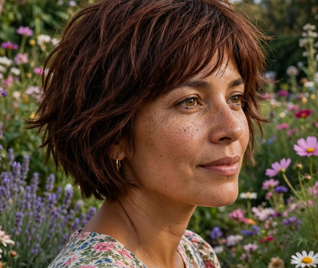 Latina woman in her mid 30s with a short shaggy bob haircut, mahogany brown textured layers, wearing a floral dress in a flower garden