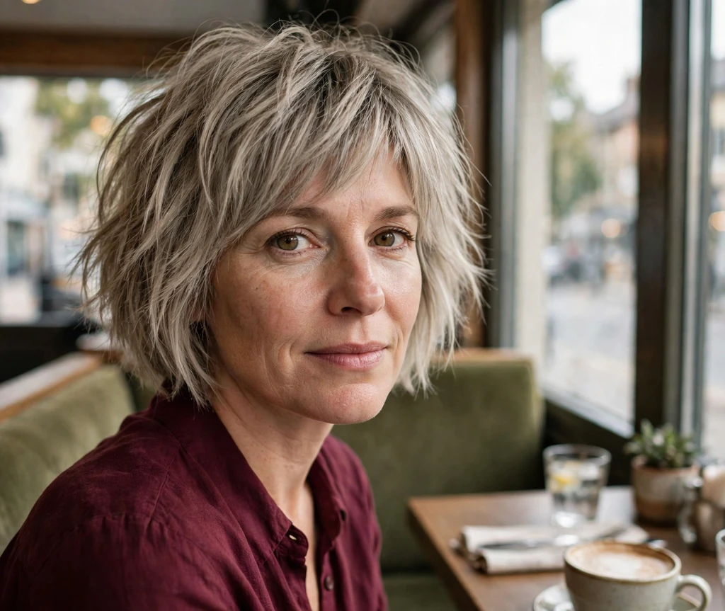 White woman in her early 40s with a short shaggy bob haircut, ash blonde textured layers, wearing a burgundy blouse by a cafe window