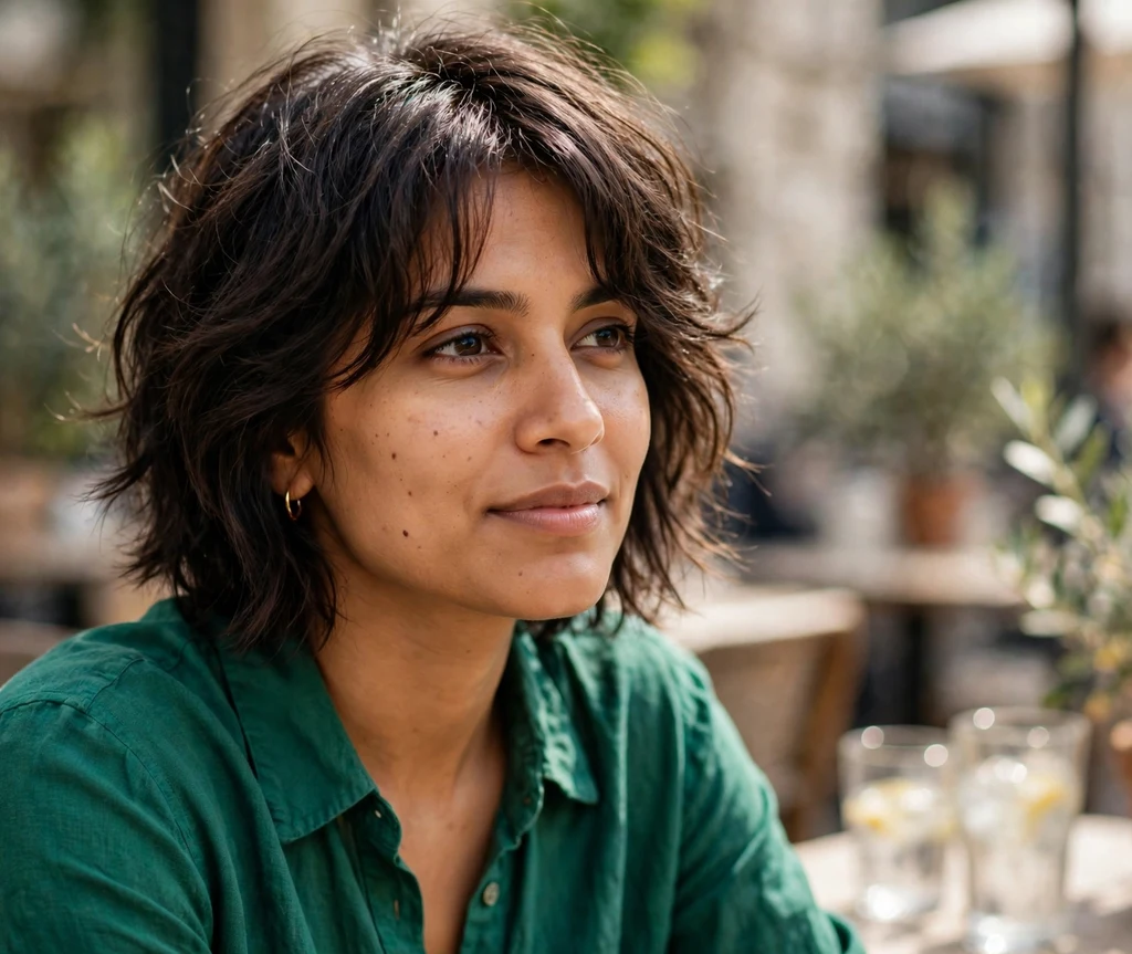 Modern textured shag haircut with curtain bangs on dark brown hair, sunlit café terrace