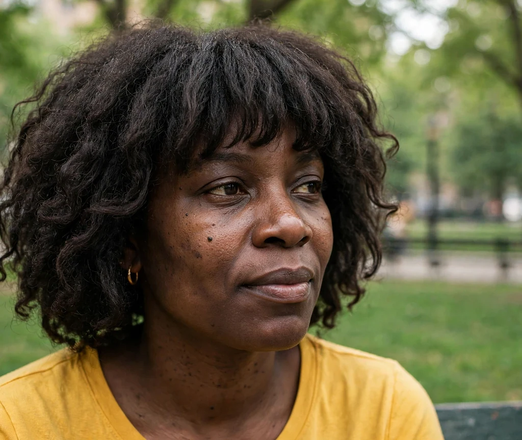 Layered shag with full bangs on natural coily hair, city park