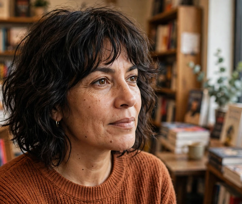 Shaggy bob with choppy ends and wispy bangs on dark wavy hair, bookstore
