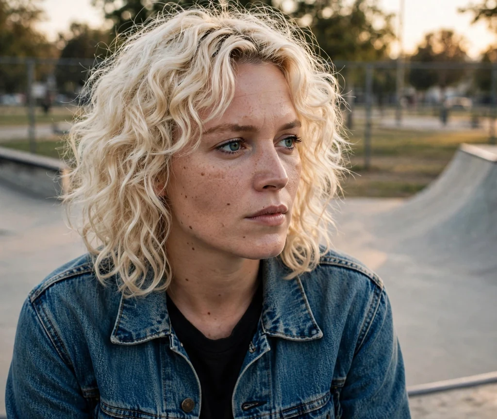 Curly shag with tight curls and layers on platinum blonde hair, skate park