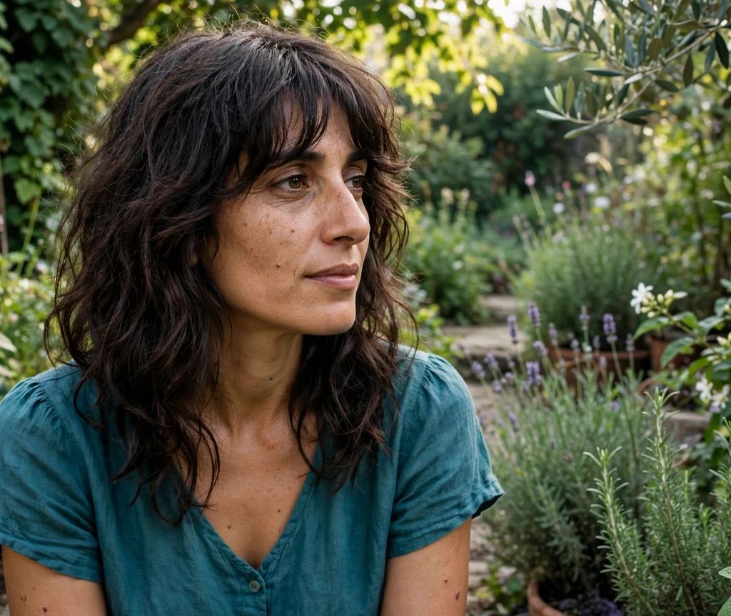 Shag with long curtain bangs on dark brown wavy hair, garden