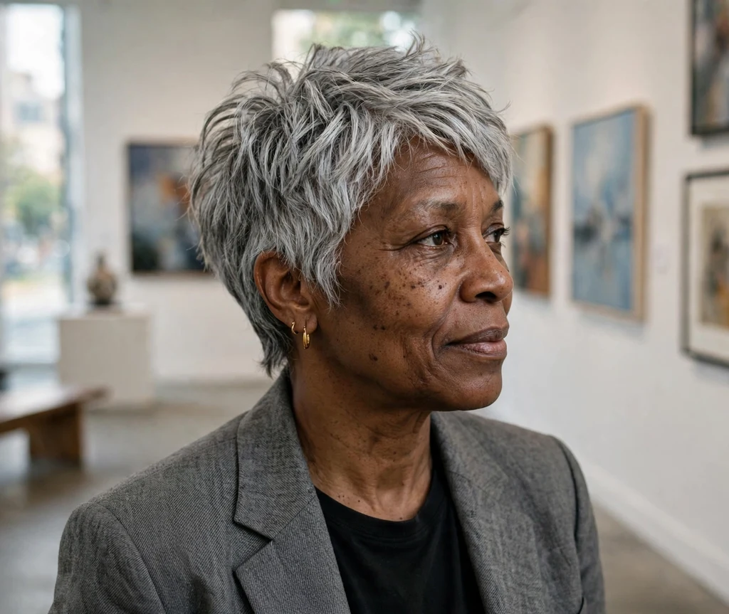 Textured choppy shag with tapered nape on silver-gray hair, art gallery