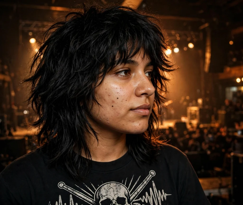 Wolf cut shag with heavy crown volume and wispy ends on black hair, concert venue
