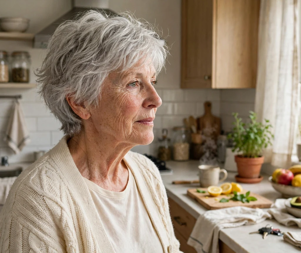 Messy bedhead shag with feathered layers on silver-white hair, home kitchen