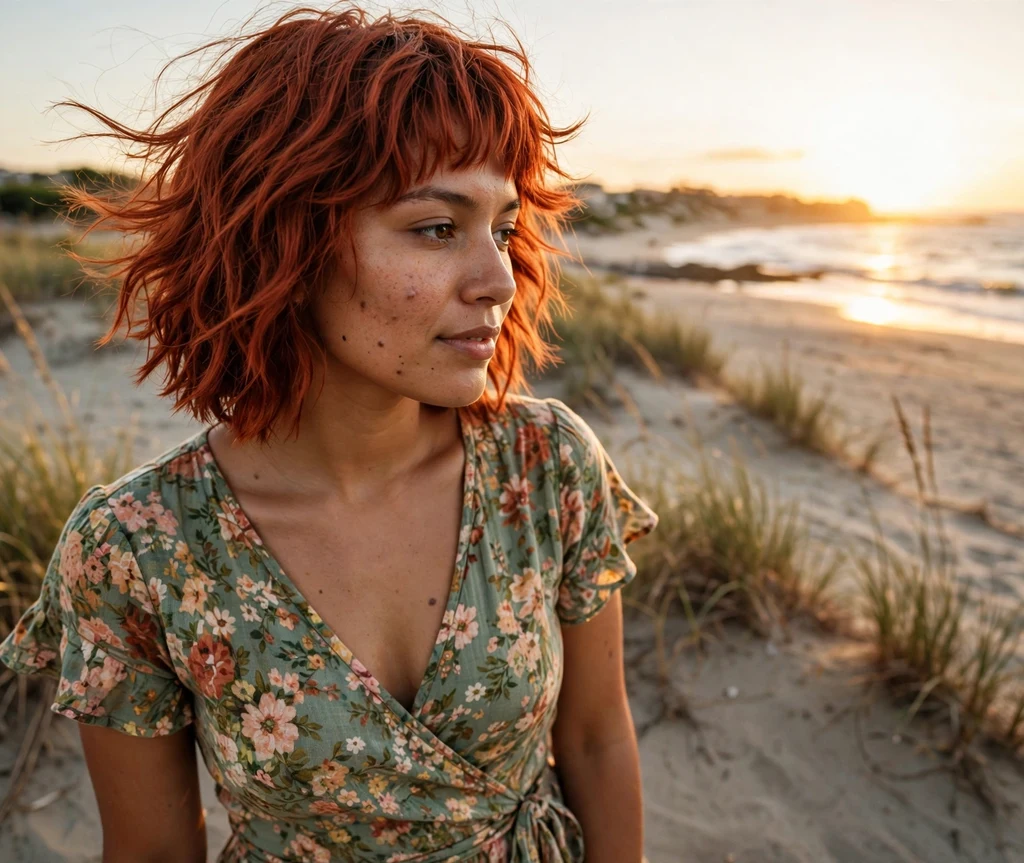 Razor-cut shag with sharp textured ends on copper-red hair, beach