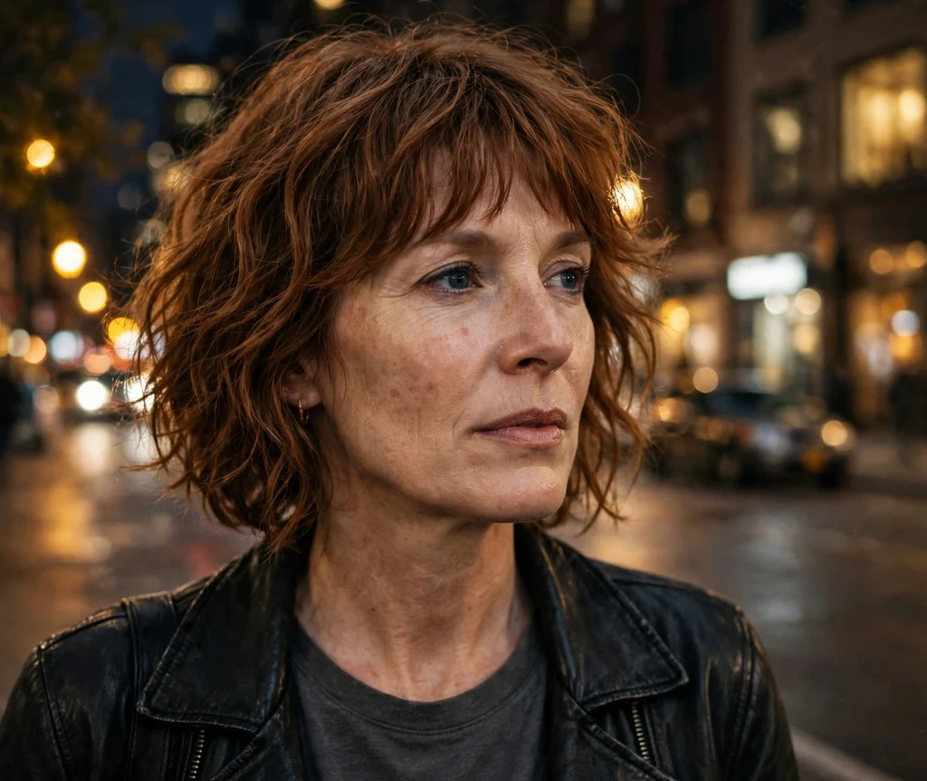Shag with wispy fringe on auburn wavy hair, city night