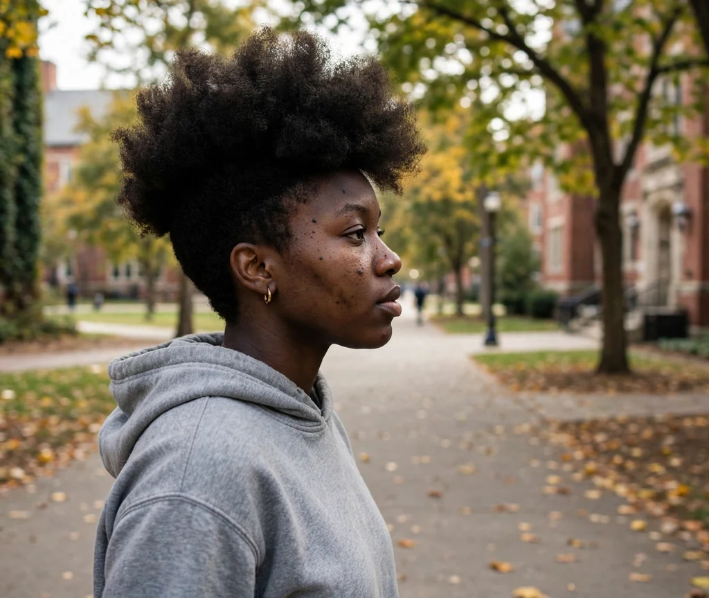 Voluminous crown shag with rounded shape on short natural hair, university campus