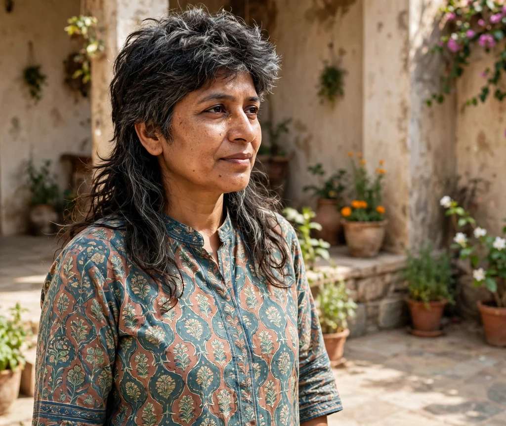Mullet-inspired shag with short top and longer back on dark hair, courtyard