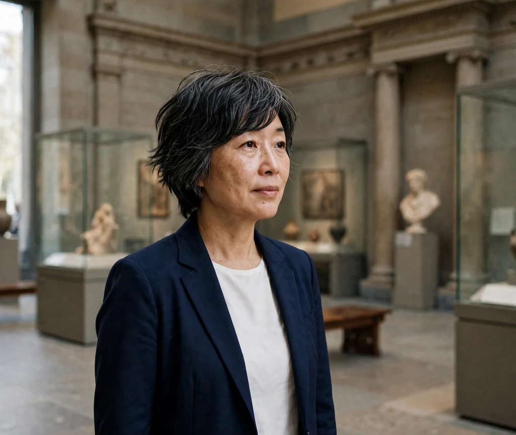 Shag with side-swept bangs on dark hair with gray streaks, museum