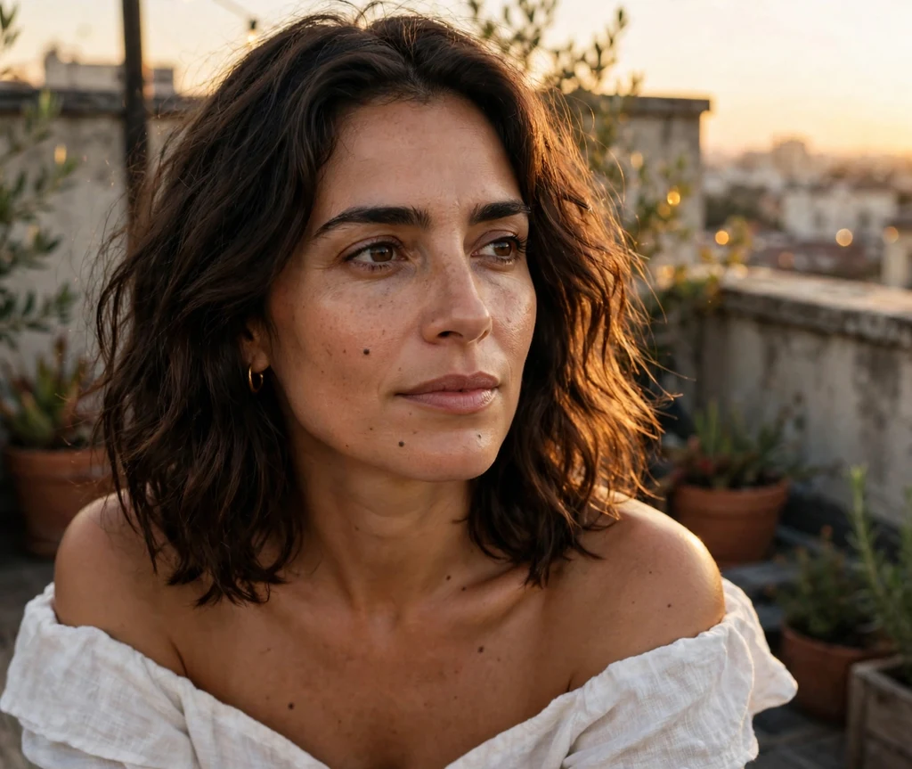 Wavy shag with beachy texture on dark brown hair, rooftop sunset