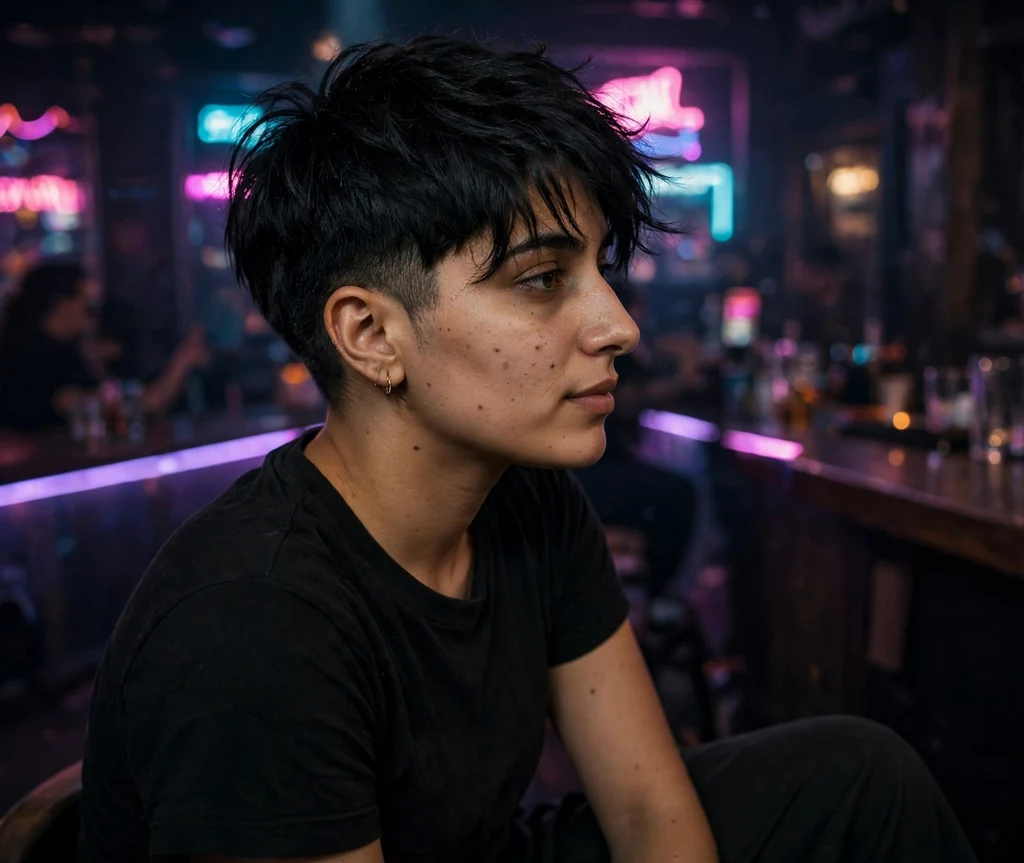 Tapered shag with short sides and textured top on black hair, nightclub