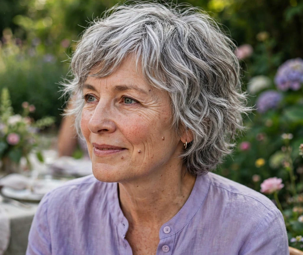 Shaggy pixie bob with side-swept bangs on silver-gray hair, garden party