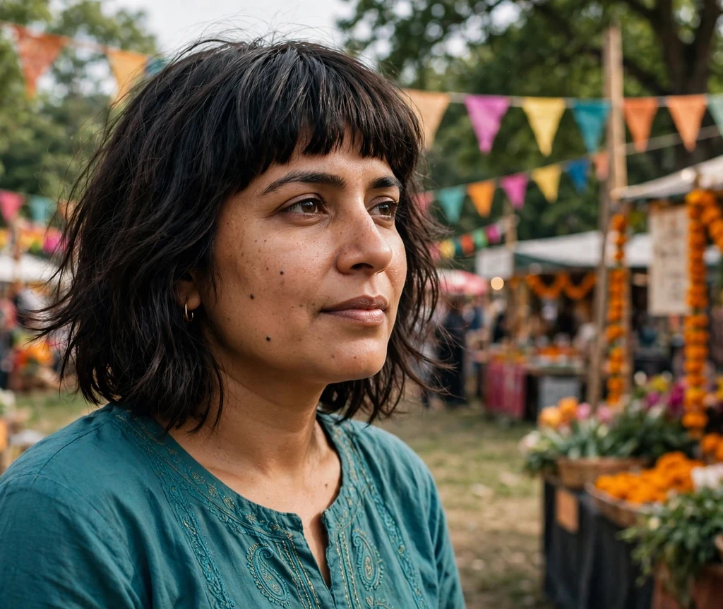 Shag with blunt bangs on dark hair, outdoor festival