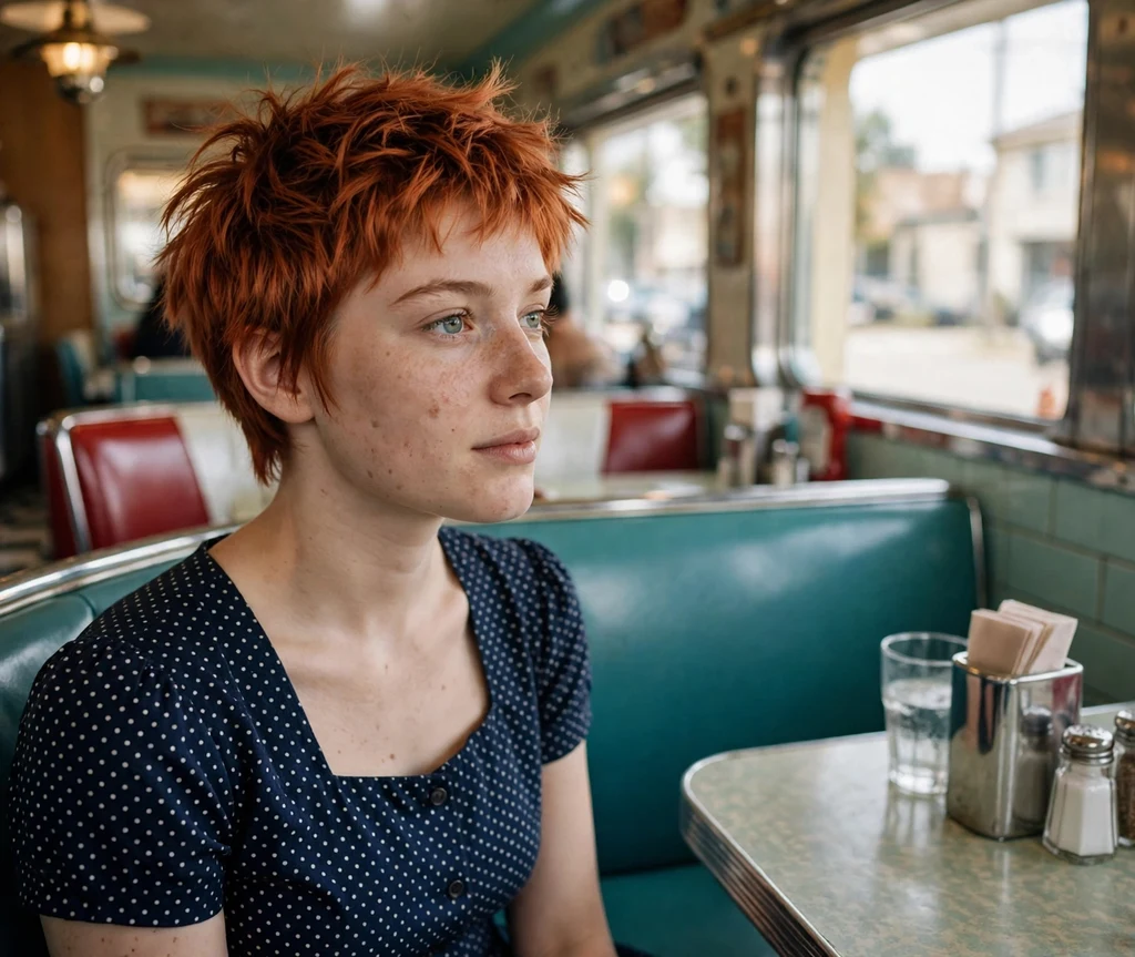 Shaggy crop with piecey top on copper-red hair, retro diner