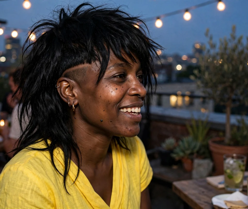 Disconnected shag with undercut nape on black hair, rooftop party