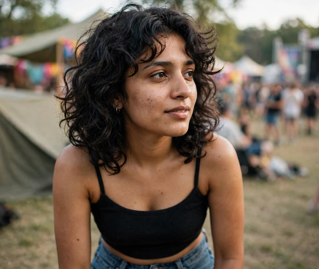Big voluminous curly shag on dark curly hair, music festival