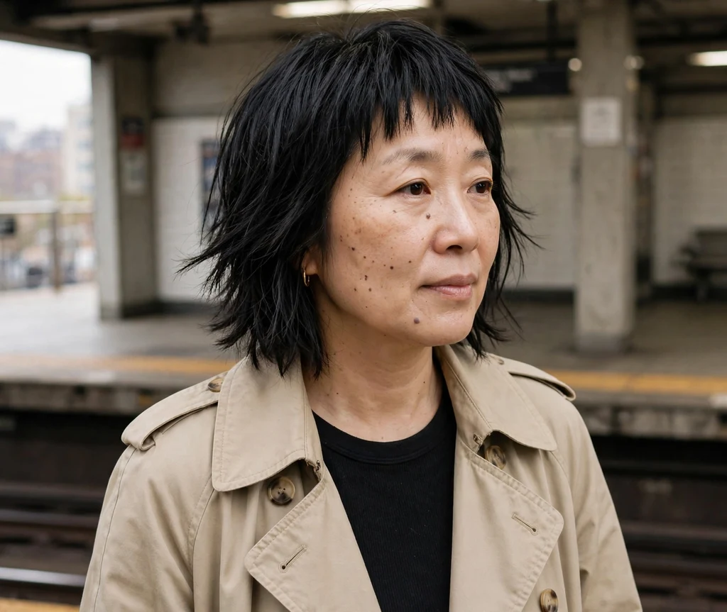 Shag with micro bangs on straight black hair, subway platform