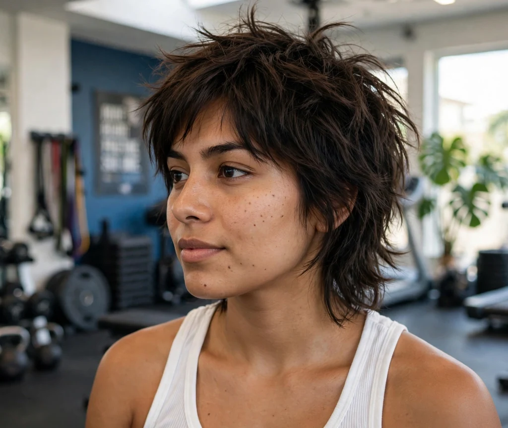 Piecey shag with separated defined pieces on dark brown hair, gym
